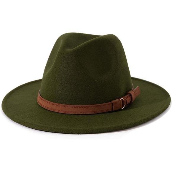 Men & Women Vintage Wide Brim Fedora Hat with Belt Buckle Olive